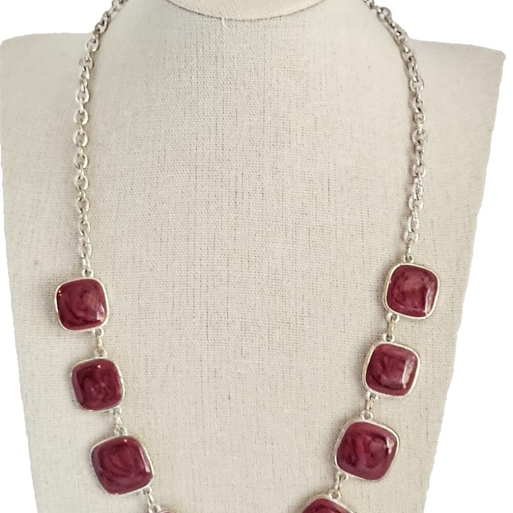 Burgundy Square Silver Tone Link Necklace Stretch Bracelet 18" to 20"